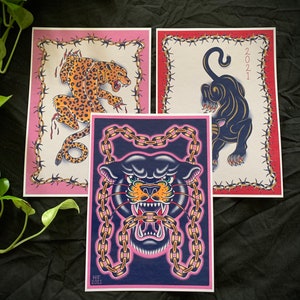 Set of 3 DEAL Big Cat Bundle Traditional Tattoo Prints