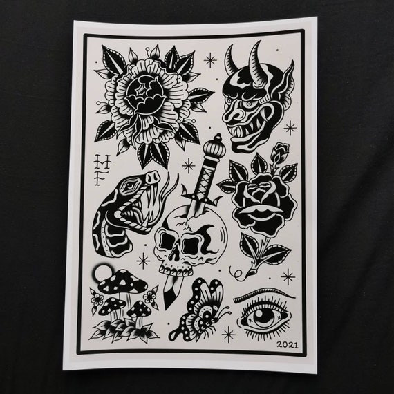 Black and White American Traditional Tattoo Design Pattern Throw