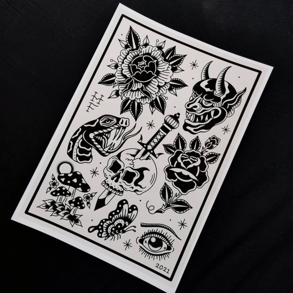 Black and White American Traditional Tattoo Design Pattern Throw