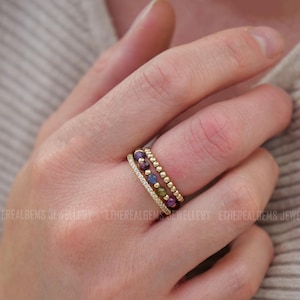 Multicolour 3mm Beaded Natural Gemstone Sterling Silver/14ct Gold Filled Elastic Ring, Genuine Top Grade Gift Women Jewellery,