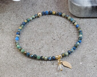 Azurite Bracelet, Minimalist gemstone leaf bracelet, Beaded bracelet, Gemstone jewellery, Gift for her, Layering bracelet, Elastic bracelet