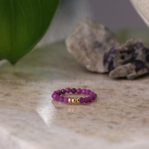 Ruby 3mm Beaded Natural Gemstone Sterling Silver/14ct Gold Filled Elastic Ring, Genuine Grade Gift Jewelry, Women Jewellery