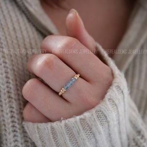 Aquamarine 3mm Beaded Natural Gemstone Sterling Silver/14ct Gold Filled Elastic Ring, Genuine Top Grade Gift Jewelry,Women Fashion Jewellery