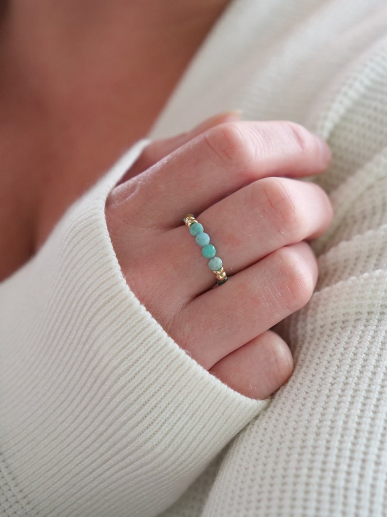 Turquoise Ring, Gemstone ring, Beaded ring, Dainty ring, Gift for her, Stackable ring, Gold ring, Elastic ring, Stretchy Ring, Coin Ring image 1