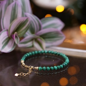 Malachite 4mm Beaded Natural Gemstone Sterling Silver / 14ct Gold Filled Elastic Bracelet, Genuine Top Grade Gift Jewelry, Fashion Jewellery
