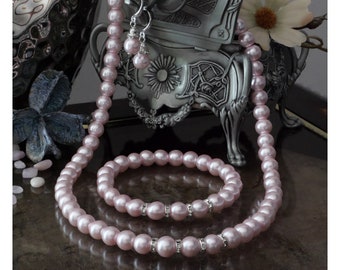 Pink Pearl Set of Bracelet Earrings Necklace, Fashion Jewellery Wedding Gift,  Baby Pink, Bride Jewellery, Pink Jewellery Set