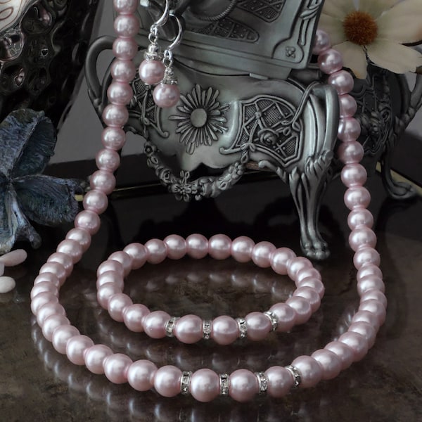Pink Pearl Set of Bracelet Earrings Necklace, Fashion Jewellery Wedding Gift,  Baby Pink, Bride Jewellery, Pink Jewellery Set