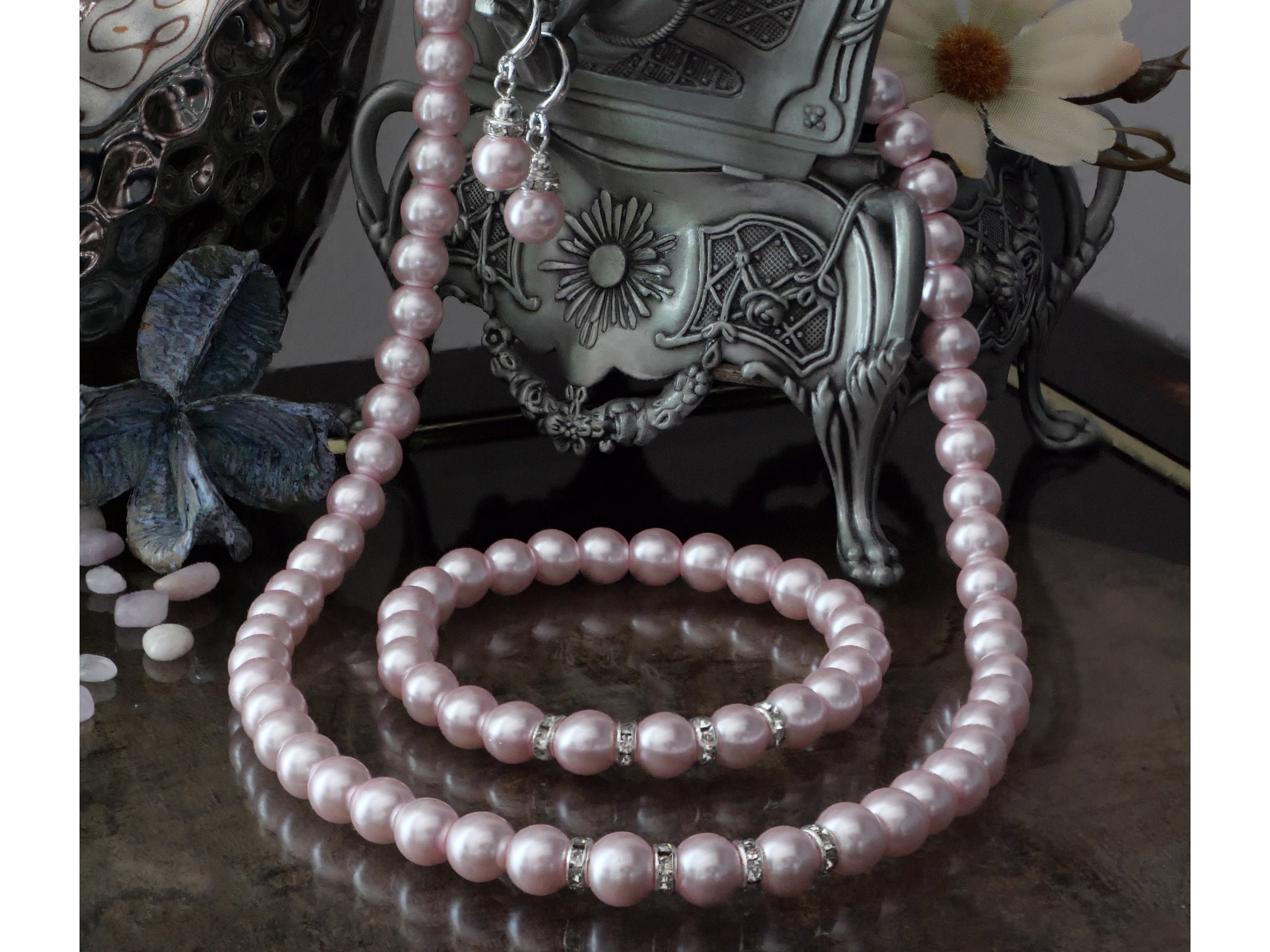 Pearl Necklace and Bracelet Set, Vintage Faux Pearls, Blue, Grey