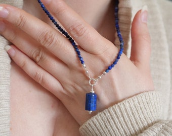 Lapis Lazuli Front Clasp Gold Silver Necklace, Beaded necklace, Women necklace, Gemstone Jewelery, Gift for her, September birthstone,