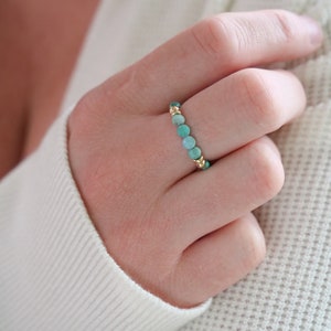 Turquoise Ring, Gemstone ring, Beaded ring, Dainty ring, Gift for her, Stackable ring, Gold ring, Elastic ring, Stretchy Ring, Coin Ring image 3