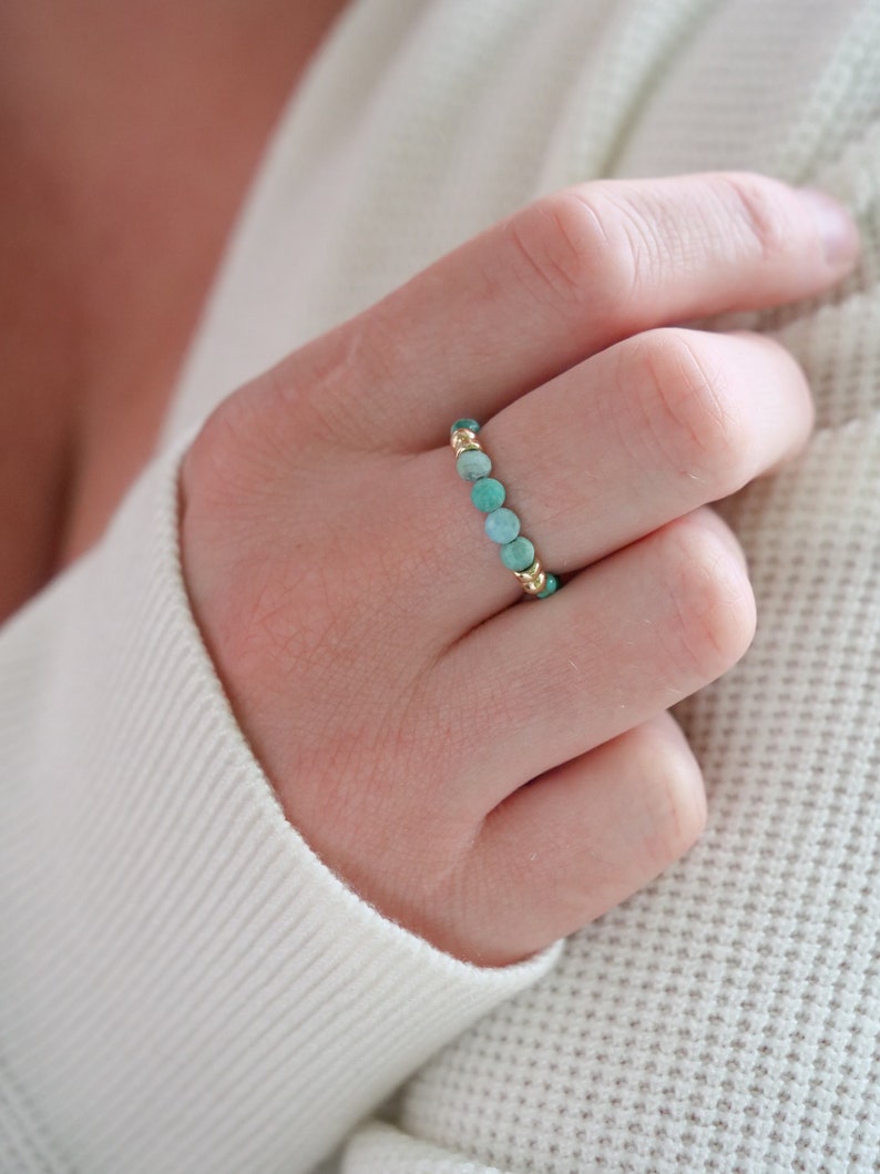 Turquoise Ring, Gemstone ring, Beaded ring, Dainty ring, Gift for her, Stackable ring, Gold ring, Elastic ring, Stretchy Ring, Coin Ring image 3