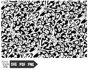 May include: A black and white seamless pattern with a repeating design of intricate floral swirls and vines.