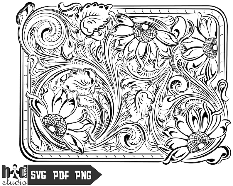 May include: Black and white vector illustration of a floral design with a southwestern style. The design features intricate swirls and flowers.