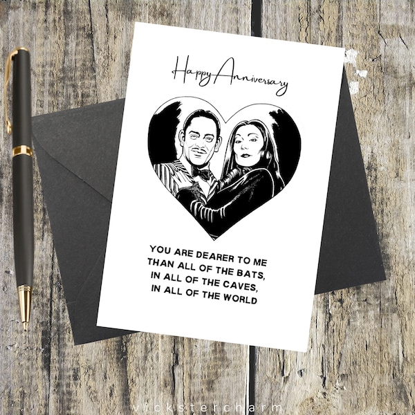 First Anniversary Card, 5th Anniversary Cards, Gomez and Morticia, Horror Anniversary, You and Me, Goth Valentine, 5x7, The Addams Family