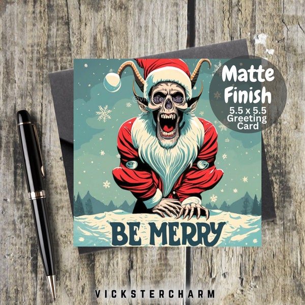 Krampus Cards, Goth Minimalist, Merry Christmas Card, Be Merry, Scary and Fright, Unusual Christmas, Merry Creepmas, Xmas Skull, Square