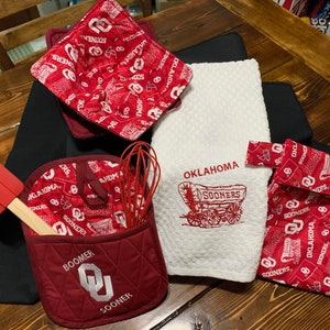 OU Soup Bowl Cozy/OU Microwave Potato Sack/Embroidered Schooner Tea Towel/Embroidered Potholder