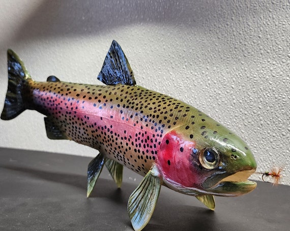 18 Rainbow Trout Chasing a Fly. Hand Crafted 360 Degree Table Mount 
