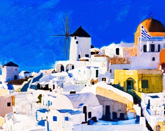 Les Moulins de Santorini, oeuvre original, tableau peinture originale, acrylique sur toile, art murale, art décoration