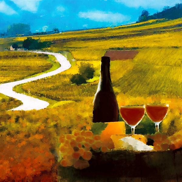 Paysage avec Fromage et Vin, oeuvre original, tableau peinture originale, acrylique sur toile, art murale, art décoration