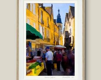 Le Marché de Sarlat #1 , impression giclée, fine art, art murale, art décoration, tirages de l'art, impression sur papier aquarelle,