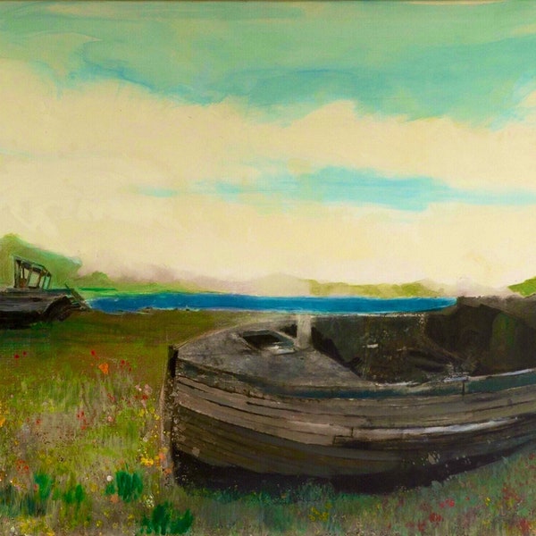 Abandoned Boats, Scotland,  oeuvre original, tableau peinture originale, acrylique sur toile, art murale, art décoration