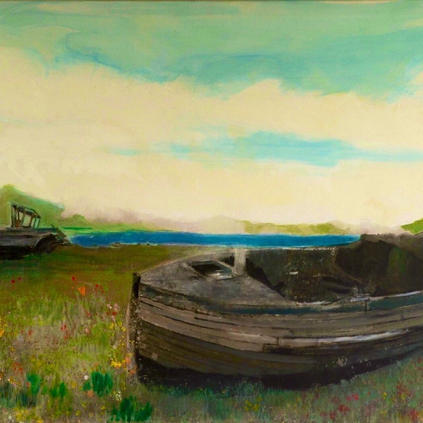 Bateaux abandonnés, Écosse, oeuvre original, tableau peinture originale, acrylique sur toile, art murale, art décoration