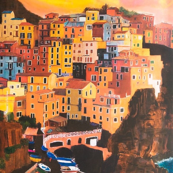 Manarola Cinque Terre , oeuvre original, tableau peinture originale, acrylique sur toile, art murale, art décoration