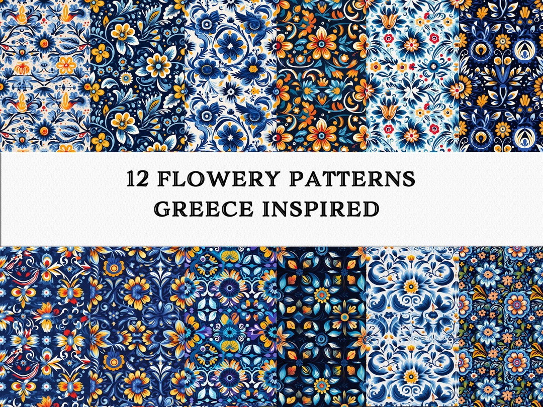 Greek Inspired Flowery Digital Patterns and Tiles - 12 Designs - 12x12 ...