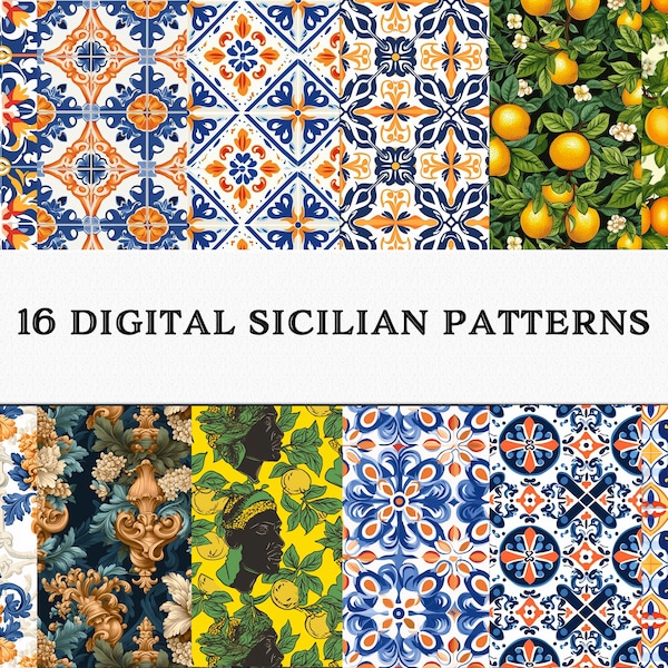 Modelli digitali siciliani - Piastrelle siciliane - 16 disegni - 12x12 - Modelli siciliani senza cuciture per artigianato fai-da-te.