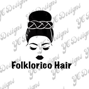May include: Black and white silhouette of a woman with a bun hairstyle and the text "Folklorico Hair".