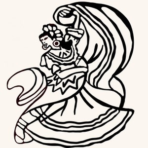 May include: Black and white line art illustration of two figures dancing. The figures are wearing traditional clothing, with detailed patterns on their dresses and headwear. A flowing fabric surrounds them, creating a sense of movement.