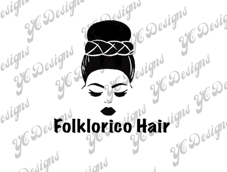 May include: Black and white silhouette of a woman with a bun hairstyle and the text "Folklorico Hair".