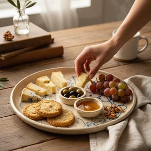 May include: A round, off-white platter with a blue floral design holds an assortment of cheeses, crackers, olives, grapes, and honey. A hand reaches for a piece of cheese. The scene is set on a wooden table.