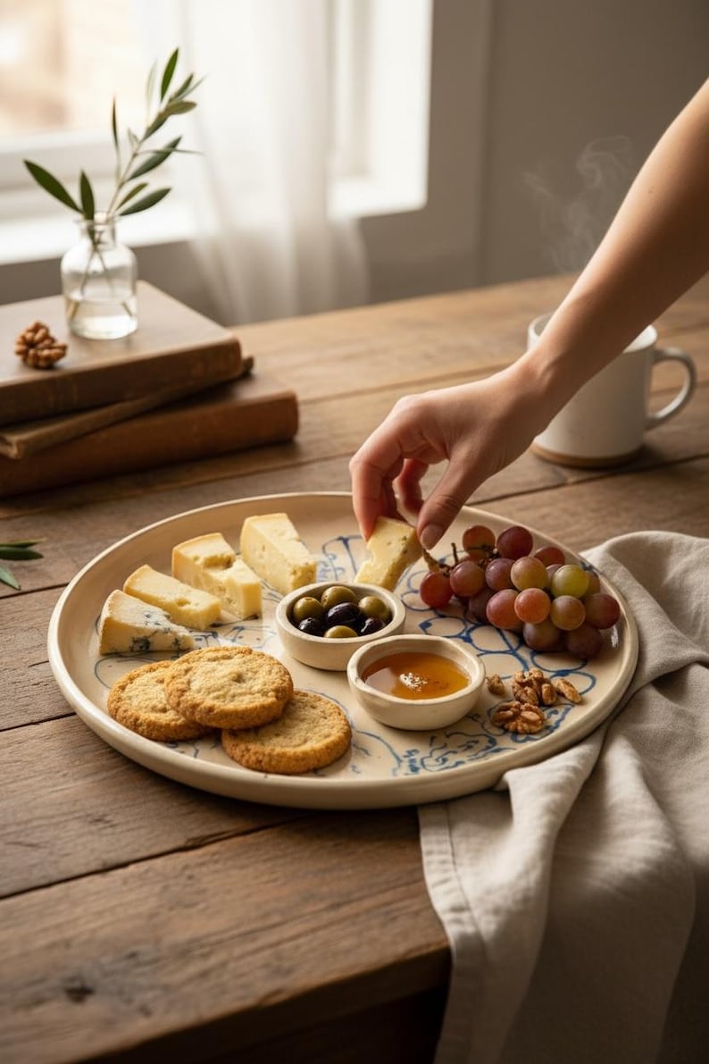 May include: A round, off-white platter with a blue floral design holds an assortment of cheeses, crackers, olives, grapes, and honey. A hand reaches for a piece of cheese. The scene is set on a wooden table.