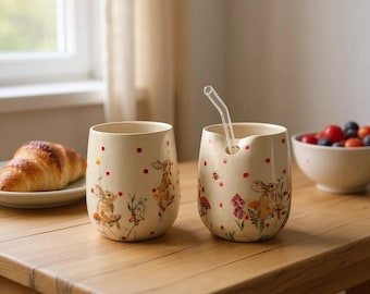 Vaso de cerámica con pajita Conejito hecho a mano