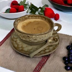 Ceramic Coffee Mug and Saucer Set, Stoneware Pottery Mug, Latte, Cappuccino