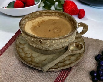 Ceramic Coffee Mug and Saucer Set, Stoneware Pottery Mug, Latte, Cappuccino
