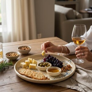 May include: A wooden table set with a platter of snacks and a glass of wine. The platter holds cheese cubes, crackers, grapes, olives, and nuts. A person is holding a piece of cheese. A glass of wine is in the person's other hand.
