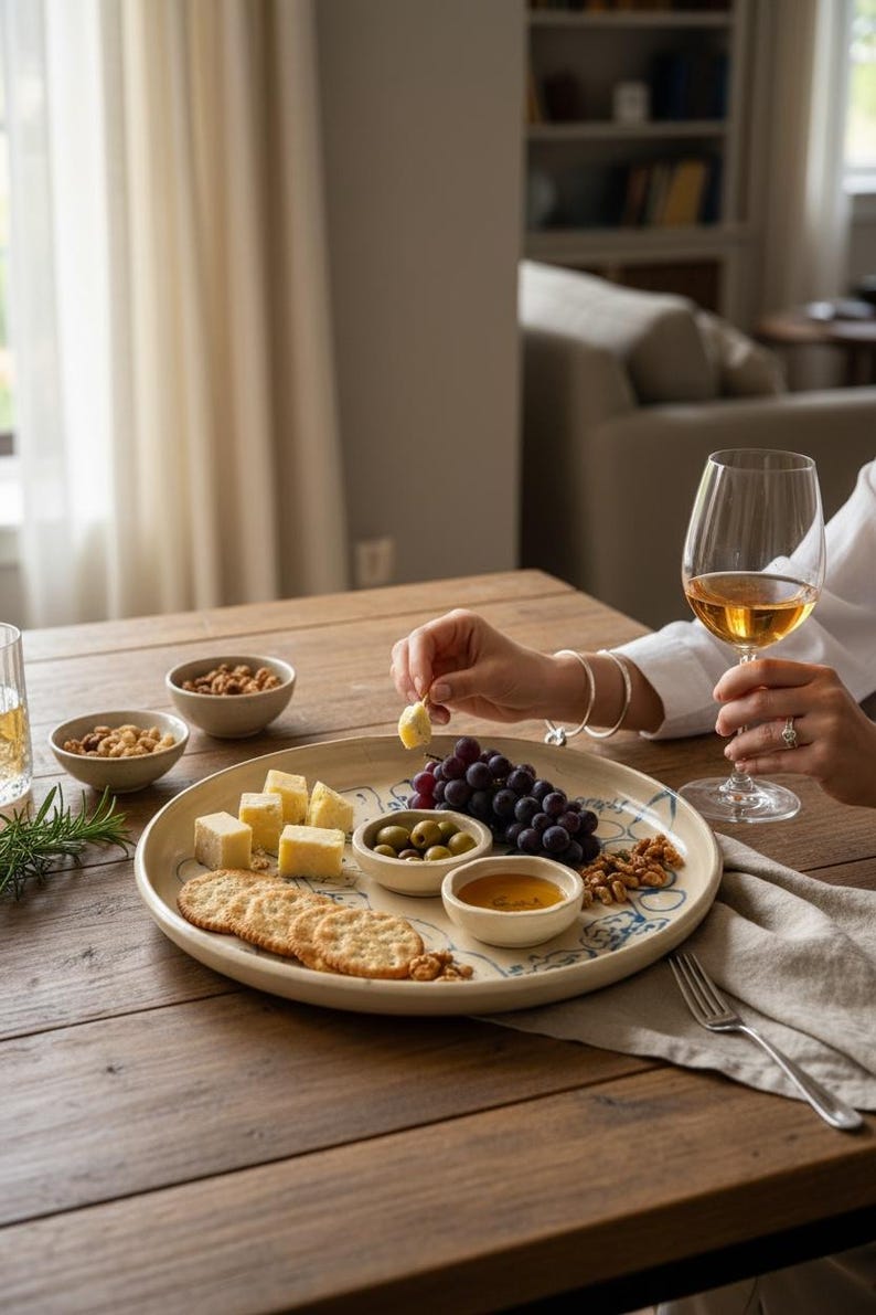 May include: A wooden table set with a platter of snacks and a glass of wine. The platter holds cheese cubes, crackers, grapes, olives, and nuts. A person is holding a piece of cheese. A glass of wine is in the person's other hand.
