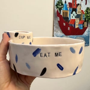 Eat me Dip me Chip and Dip Bowl blue black lines