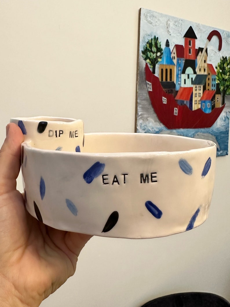 Eat me Dip me Chip and Dip Bowl blue black lines