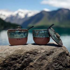 Puede incluir: Dos saleros y pimenteros de cerámica con tapas, uno etiquetado como "SALT" y el otro como "PEPPER". Los saleros son de color azul y verde con una base marrón. Están colocados sobre una roca gris.