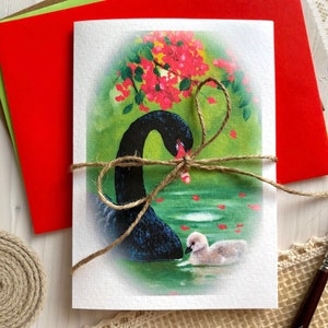 Carte de vœux Cygne noir Cygne en deuil Bébé cygne dans le lac Carte pliante en papier aquarelle Peinture acrylique Impression