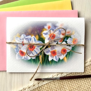 Grußkarte Narzissen Frühlings Blumen Fotorealistisch Aquarellpapier Print
