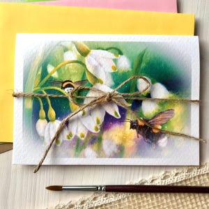 Cartão de felicitações Bumblebee Floco de neve Flores da primavera Cartão de felicitações Impressão