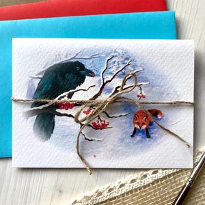 Biglietto d'auguri corvo e volpe paesaggio invernale foresta neve animali selvatici fauna selvatica carta da acquerello pieghevole carta A6 pittura acrilica stampa