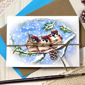 Biglietto di auguri Passeri Ramo Dipinto Neve Inverno Acquerello Carta Pieghevole Biglietto A6 Acrilico Dipinto Stampa