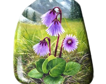 Soldanelle alpine sur pierre naturelle – œuvre originale peinte à la main – peinture florale alpine – objet d'art unique (pièce unique)