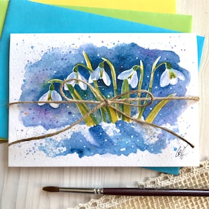 Cartão de felicitações Flores de primavera de floco de neve Impressão em papel aquarela fotorrealista