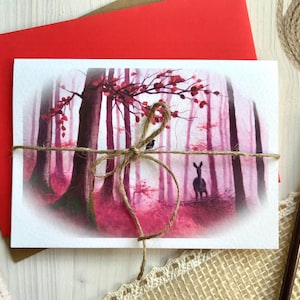 Biglietto d'auguri foresta misteriosa foglie autunnali cervi e corvi animali selvatici fauna selvatica carta da acquerello pieghevole carta A6 pittura acrilica stampa